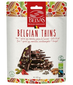 Kawałki czekolady gorzkiej z migdałami, quinoa, jagodami goji BIO FAIR TRADE -  BELVAS 120g
